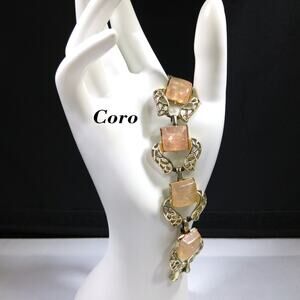 Vintage Coro Pink Confetti Lucite Link Bracelet Gold Tone 1950s